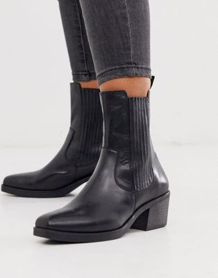 Vagabond Simone black leather western mid heeled ankle boots with square  toe | ASOS