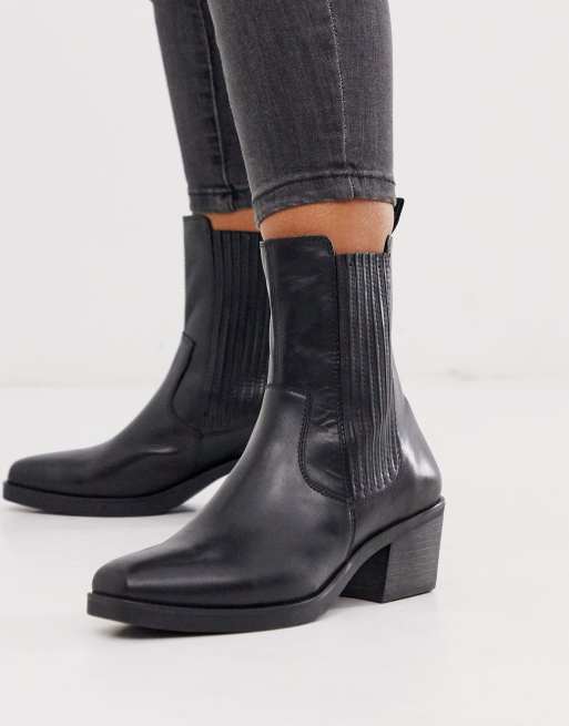 Vagabond Simone black leather western mid heeled boots with square toe ASOS