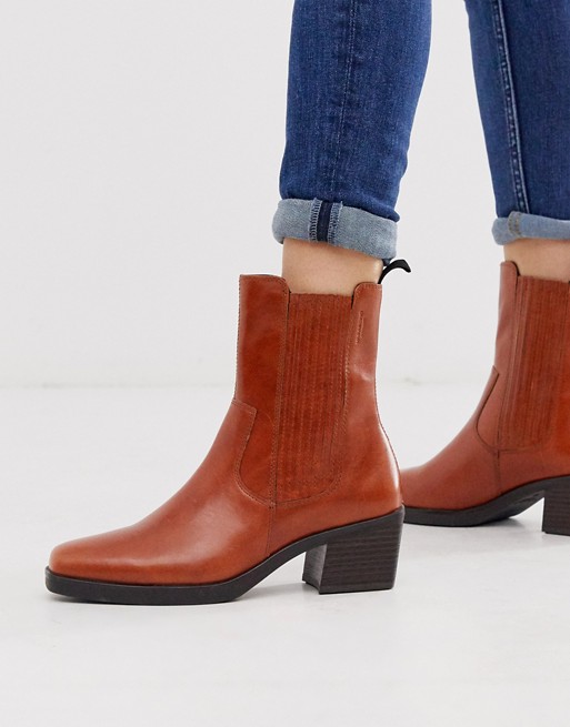 Vagabond Simone brown leather western mid heeled ankle boots with square toe
