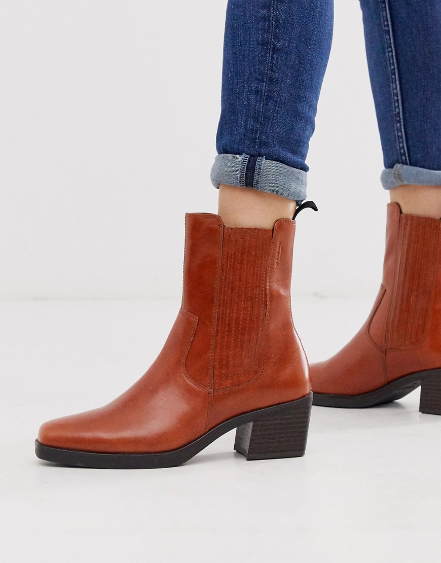 Vagabond - Simone - Brune ankelstøvler af læder i western stil med mellehøj hæl og firkantet tå