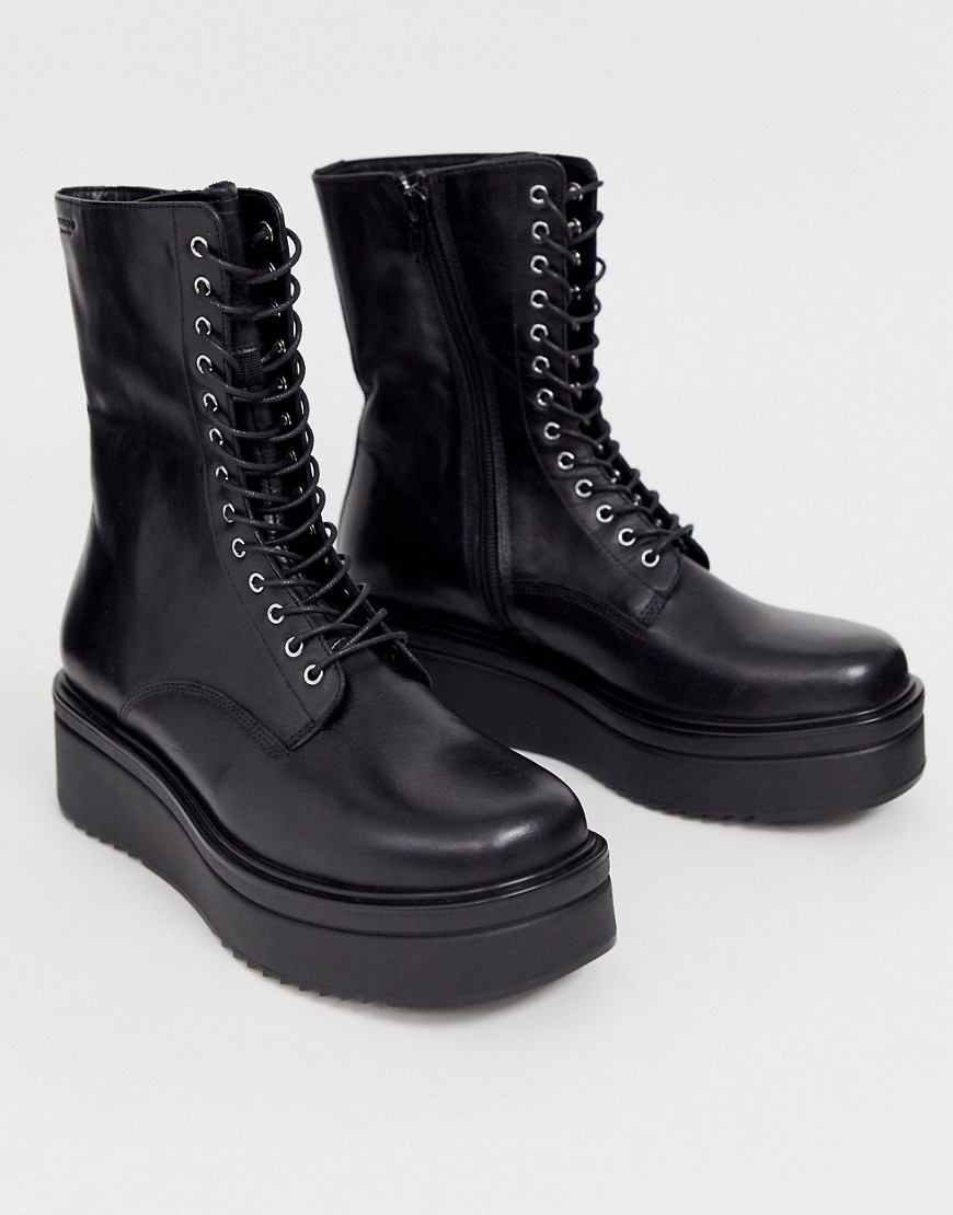 Vagabond - Tara - Sort chunky flatform læderstøvle med snørebånd