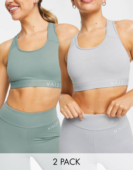 VAI21 2 pack medium support sports bras in grey and green, ASOS