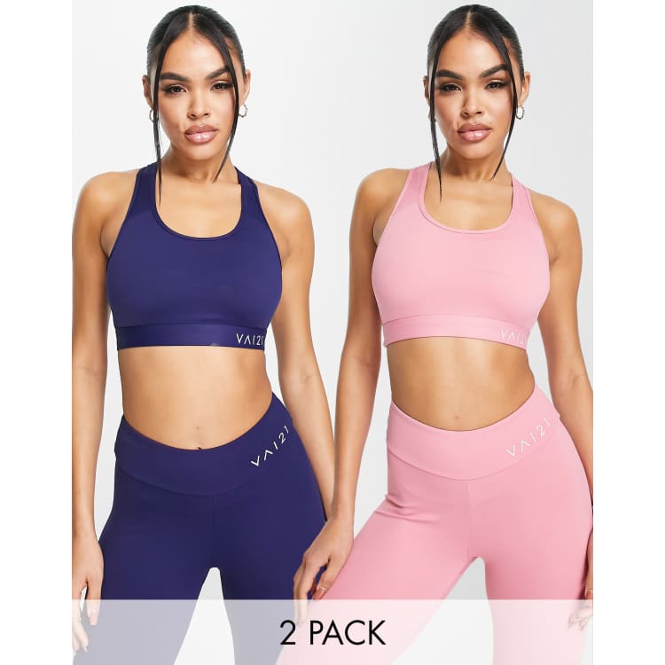 VAI21 2 pack medium support sports bras in grey and green, ASOS