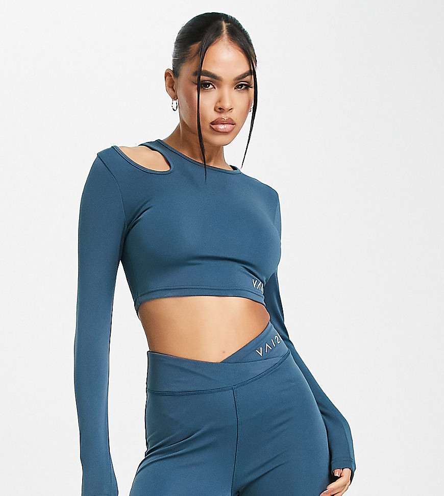 VAI21 co-ord assymetrical cut out long sleeve top in blue