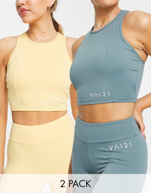 VAI21 - Confezione da 2 paia di reggiseni sportivi a supporto medio verde-azzurro e giallo