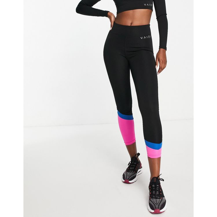 VAI21 multi color block stripe leggings in black with pink stripe