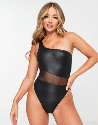 ASOS DESIGN one shoulder mesh over lay swimsuit in black and natural
