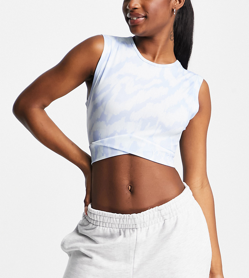 print wrap over crop top in ice blue