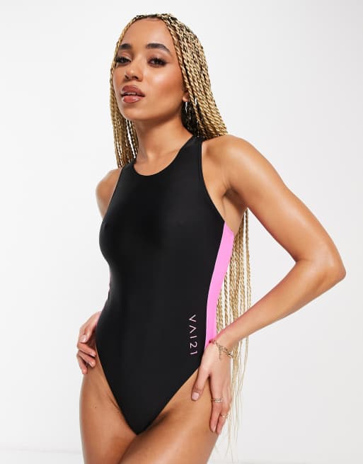 VAI21 racerback swimsuit in black and pink