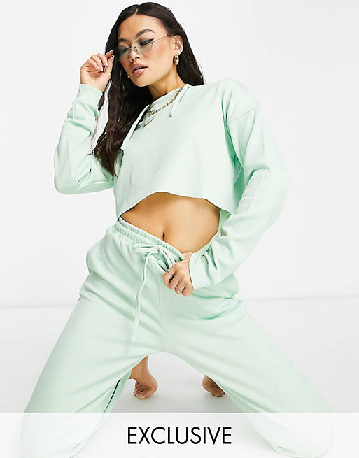 VAI21 ribbed raw edge co-ord hoodie in mint green