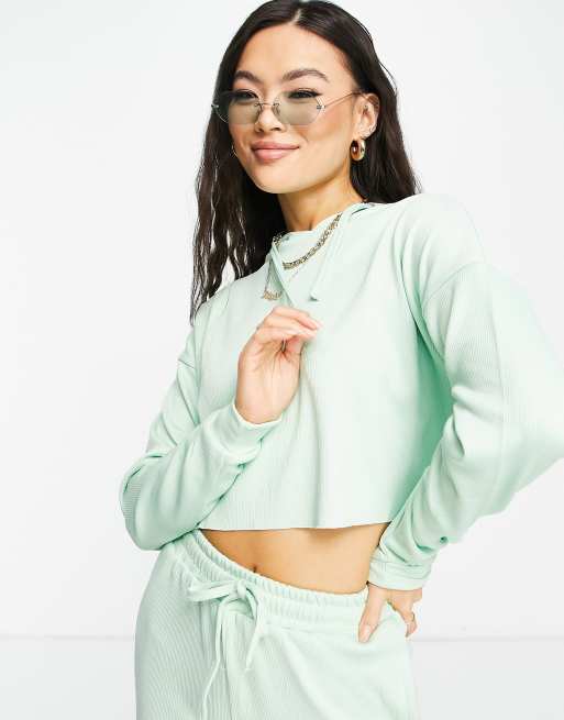 VAI21 ribbed raw edge co-ord hoodie in mint green, 3 of 4