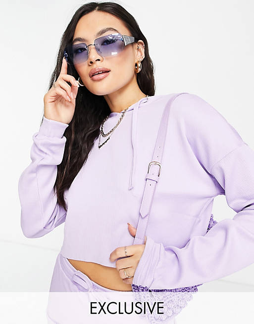 VAI21 ribbed raw edge co-ord hoodie in pastel lilac