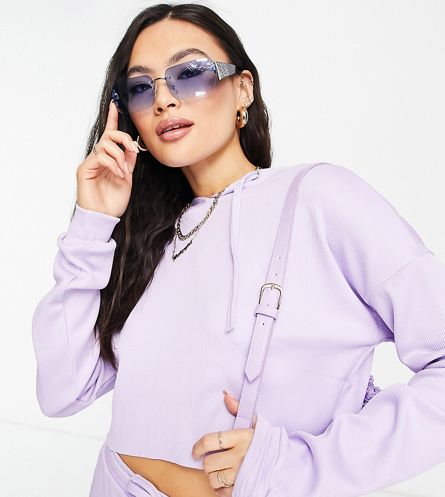 ribbed raw edge set hoodie in pastel lilac-Purple