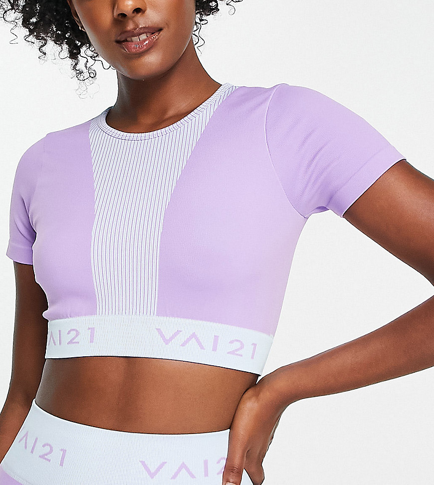 seamless two tone cap sleeve top in pastel blue and lilac - part of a set-Multi