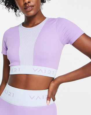 VAI21 seamless two tone co-ord cap sleeve top in pastel blue and lilac
