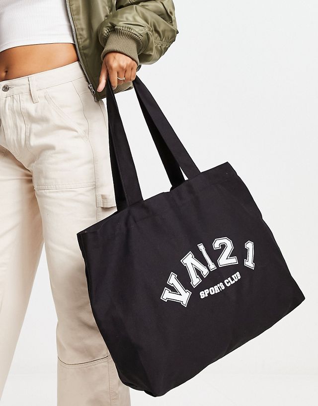 VAI21 varsity logo canvas tote bag in black