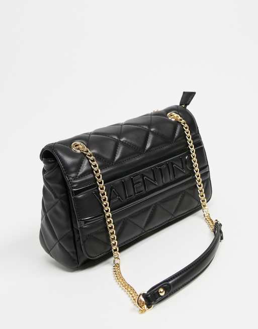 Valentino – Ada – Czarna pikowana torebka crossbody z tłoczeniem i łańcuszkowym paskiem