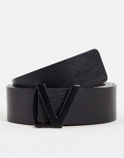 Valentino - Amaretto - Cintura double-face in pelle testurizzata nera con fibbia a V