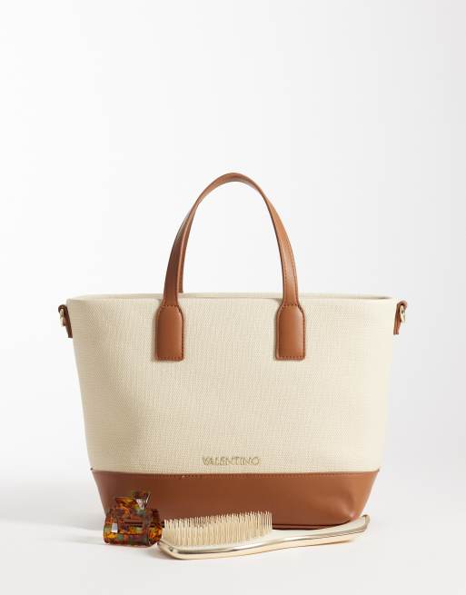Valentino - Atena Re - Borsa shopping grande con manico e tracolla color crema e cuoio , 2 di 4