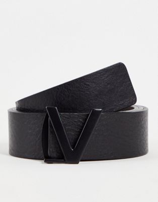 Valentino Bags Amaretto leather textured reversible belt with V buckle in black