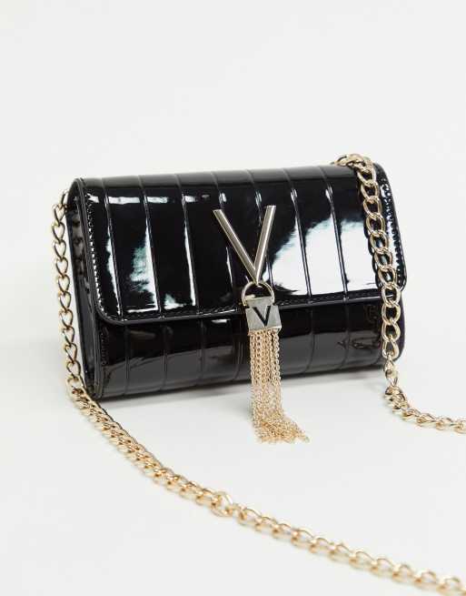 Valentino Bags Divina foldover tassel detail cross body bag in black patent