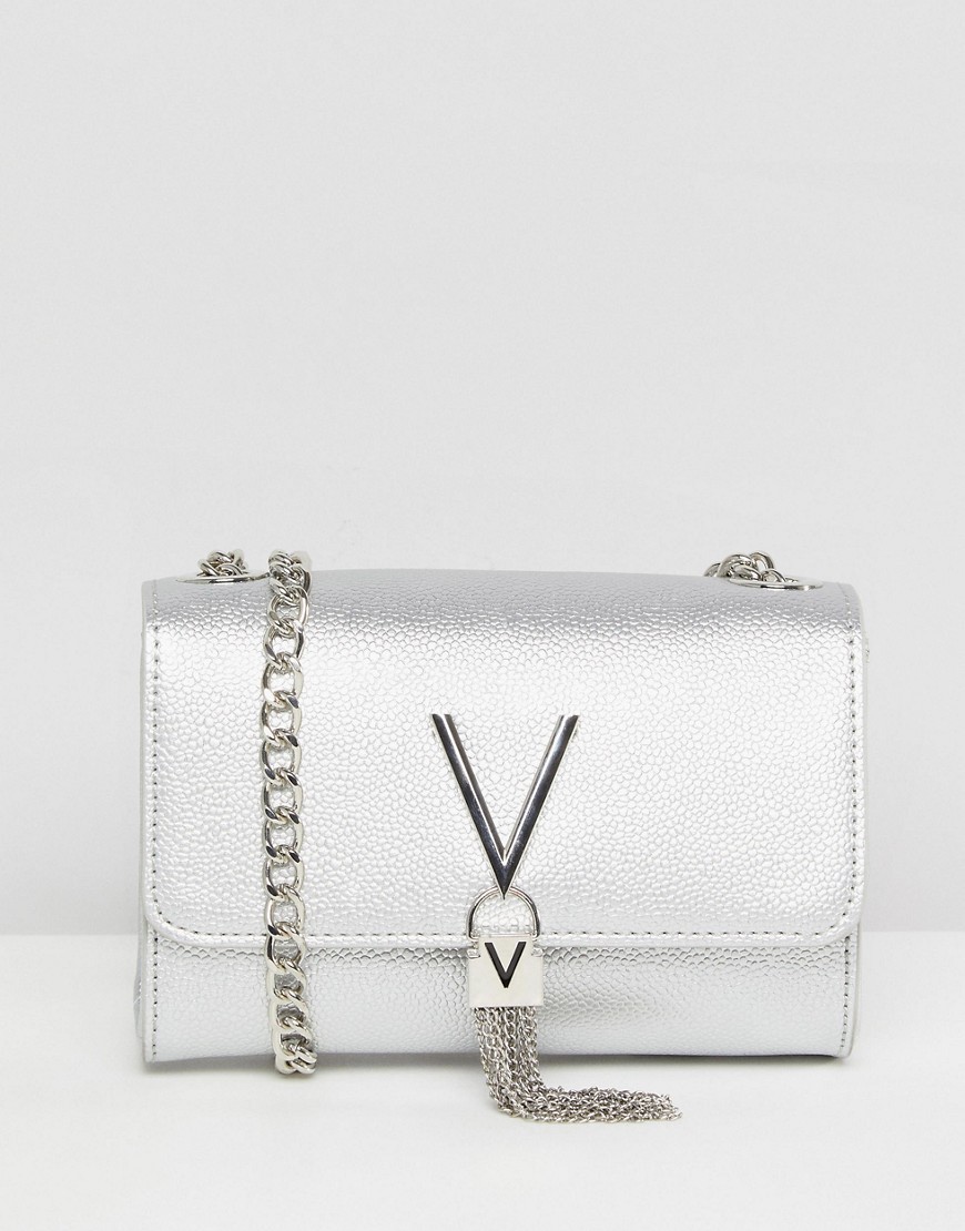 Valentino Divina foldover tassel detail cross body bag in silver