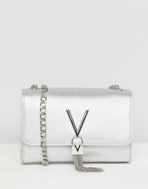 Valentino Bags Divina foldover tassel detail cross body bag in silver