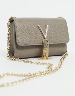 Valentino Bags Divina foldover tassel detail cross body bag in taupe | ASOS