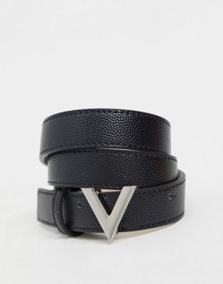 Valentino Bags – Divina – Gürtel in Schwarz mit silberfarbener Schnalle in V-Design