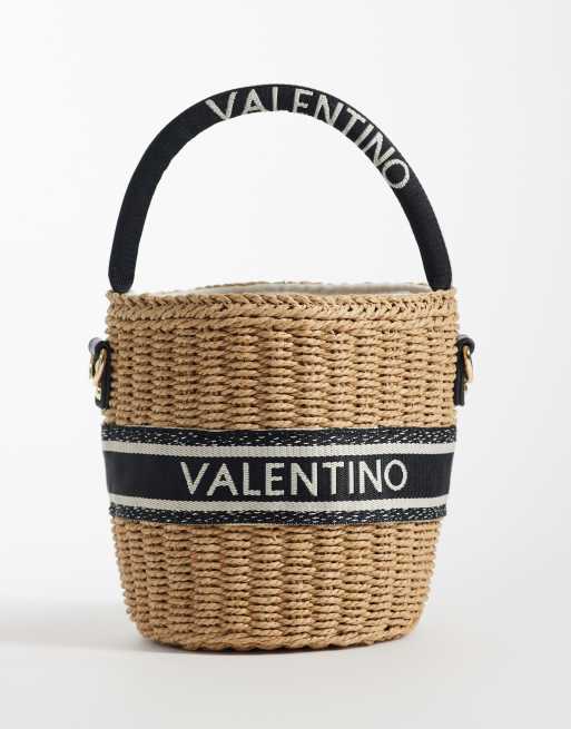 Valentino - Boho - Borsa a secchiello in rafia colore neutro e nero