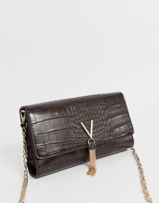 Valentino by Mario Valentino Audrey chocolate croc effect foldover cross body bag with chain