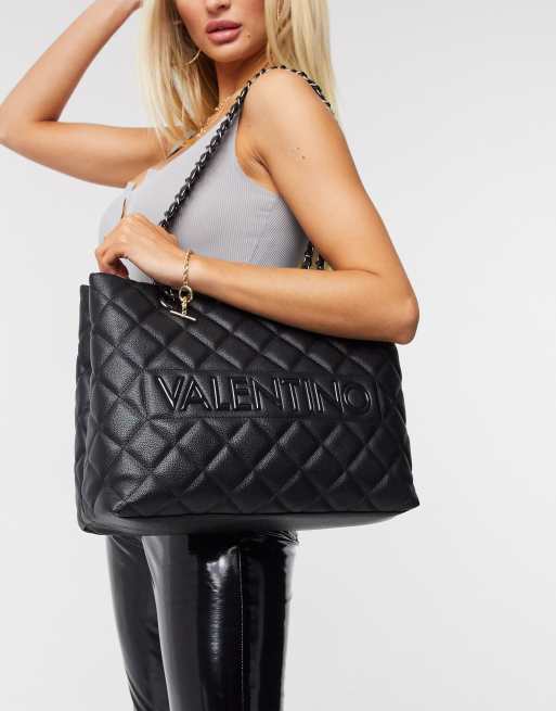 Valentino by Mario Valentino Licia quilted tote bag with chain handle  detail in black