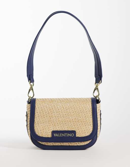 Valentino - Demetra - Borsa da spalla con patta in rafia color crema e blu navy
