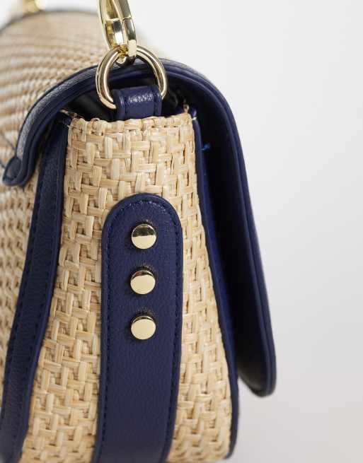 Valentino - Demetra - Borsa da spalla con patta in rafia color crema e blu navy, 3 di 4