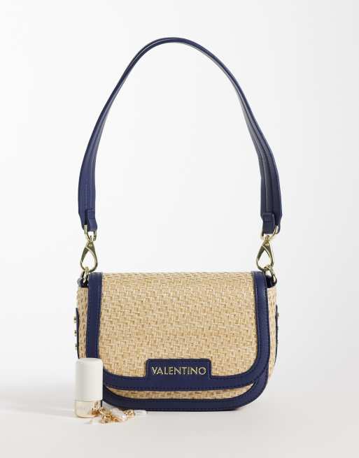 Valentino Demetra raffia flap shoulder bag in cream and navy, 2 of 4