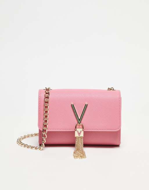 Valentino – Divina – Różowa składana torebka crossbody z ozdobnymi frędzlami
