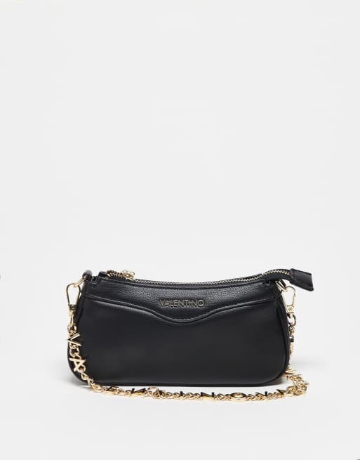 Valentino – Elly – Czarna mała torebka crossbody z łańcuszkowym markowym paskiem