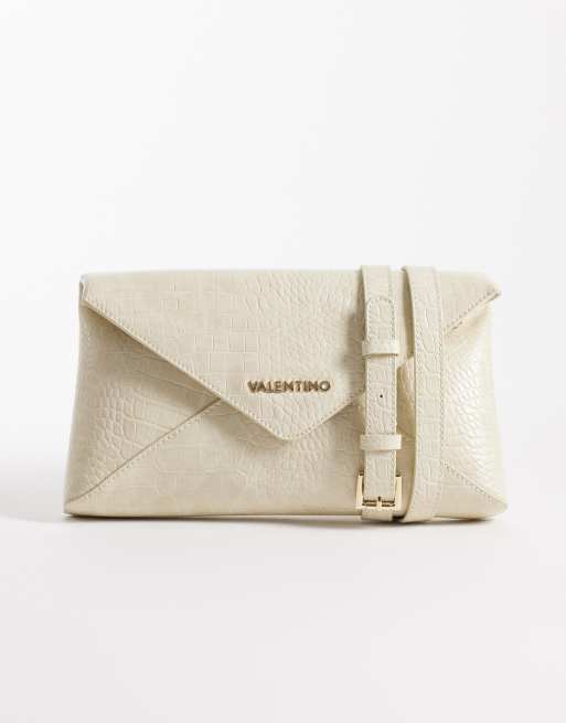 Valentino - Emera - Beige clutch-taske med tekstur og aftagelig crossbody-rem i krokodillemønster