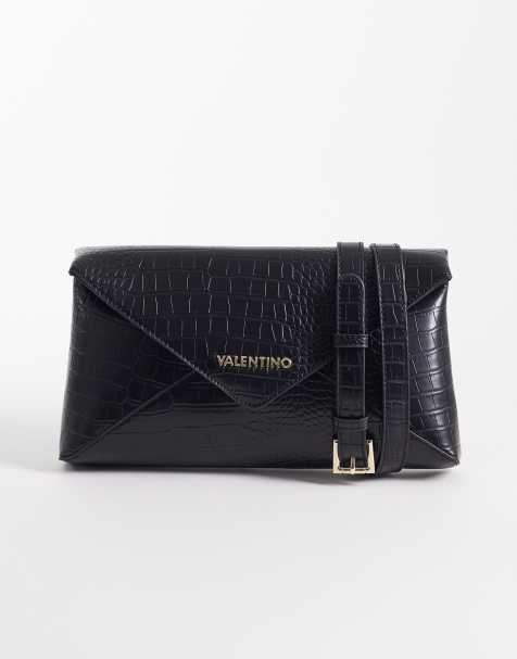 Valentino Emera croc  textured envelope clutch bag with detachable crossbody strap in black - BLACK - view 1