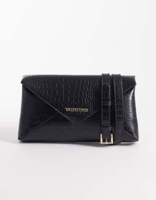 Valentino - Emera - Pochette enveloppe texturée effet croco avec bandoulière amovible - Noir