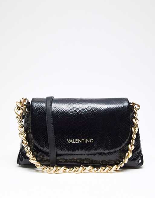 Valentino - Friends - Borsa a battente con tracolla a catenina nera effetto pitonato