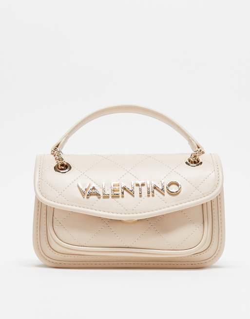 Valentino – Mansion – Pikowana torebka crossbody w kolorze ecru z klapką i łańcuszkowym paskiem