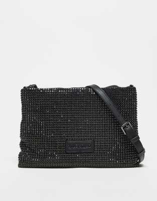 Valentino - Nabilah - Verzierte Beuteltasche in Metallic-Schwarz mit Umhängeriemen