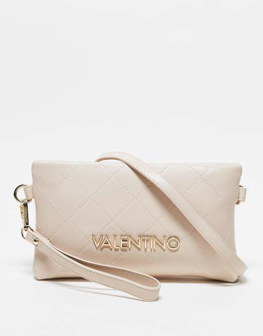 Valentino - Nur Re - Ecrufarvet lille clutch-taske med vattering og håndledsstrop