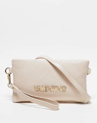 Valentino nur re small quilted clutch bag with wristlet strap in ecru-White