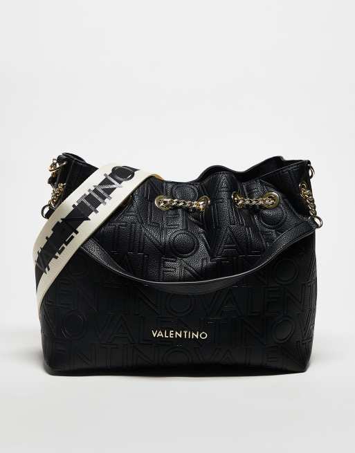 Valentino – Pansy – Czarna pudełkowa torebka na ramię z odpinanym paskiem crossbody i wytłoczonym wzorem z logo
