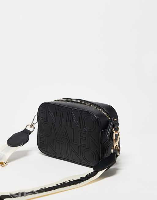 Valentino pansy embossed logo crossbody camera bag in black