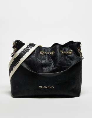 Valentino Bags Valentino pansy embossed logo shoulder bucket bag with detachable crossbody strap in black