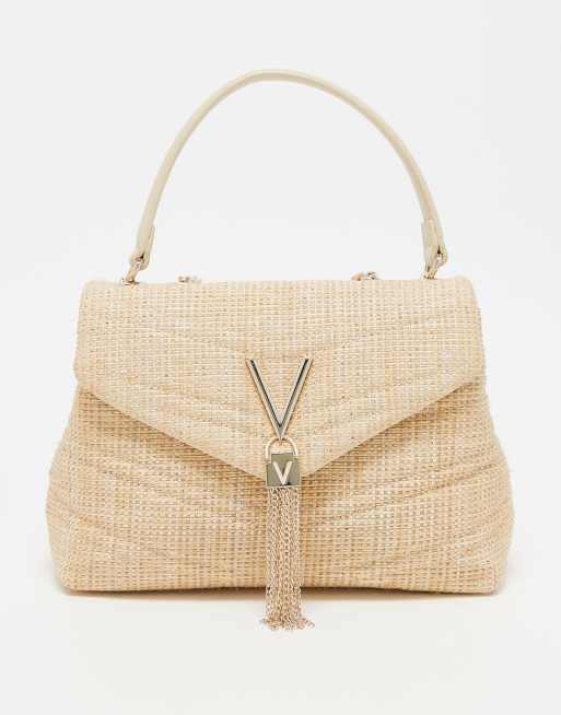 Valentino - Privilege - Naturfarvet skuldertaske med glimmer og crossbody-strop i strå 
