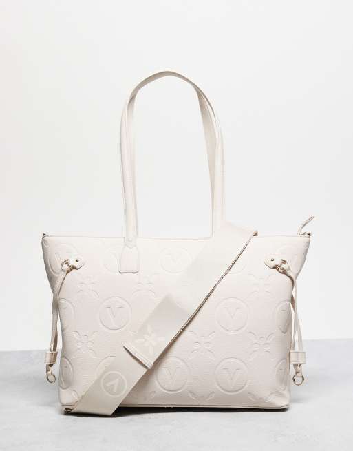 Valentino - Samba - Borsa shopping con logo goffrato color crema 